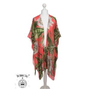 100 STARS Women’s Red KEW GARDENS Passion Flower Throwover Mid Kimono Kaftan OS